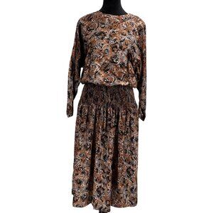 2/$18 SALE! Smocked Satin Dress Size Small Abstract Modest‎ Artsy USA Vintage